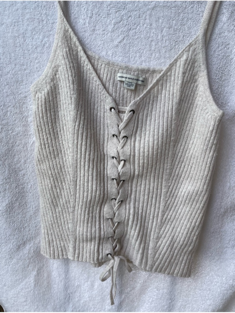 American Eagle Outfitters Cream Ribbed Lace-Up Camisole